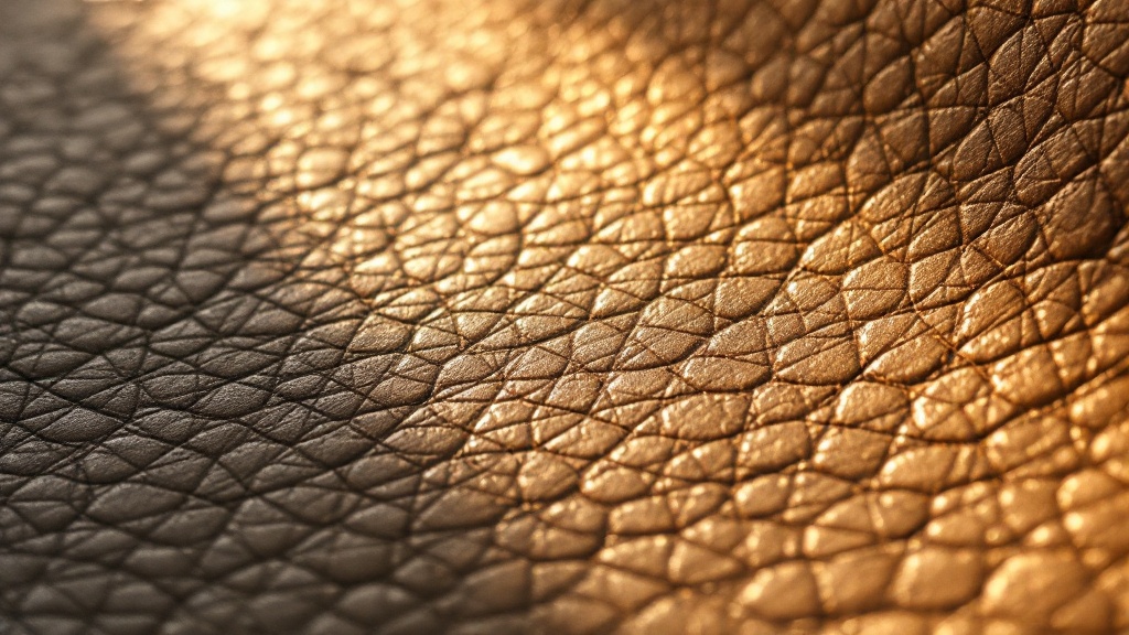 Macro du grain d’un cuir d’agneau pleine fleur, lumière rasante
