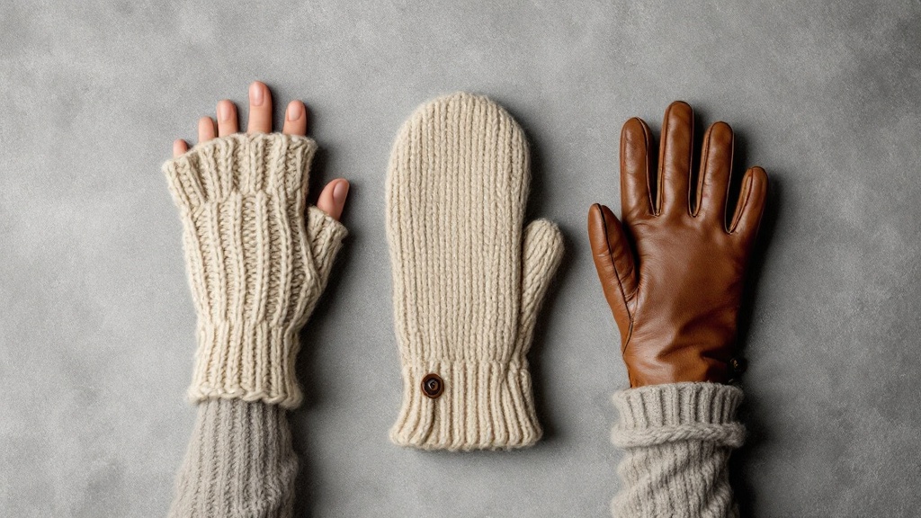 Mitaines, moufles et gants en laine posés côte à côte sur une surface neutre