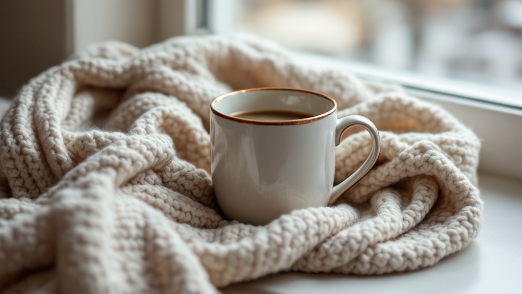 Mains autour d’un mug fumant, lumière chaude et douce